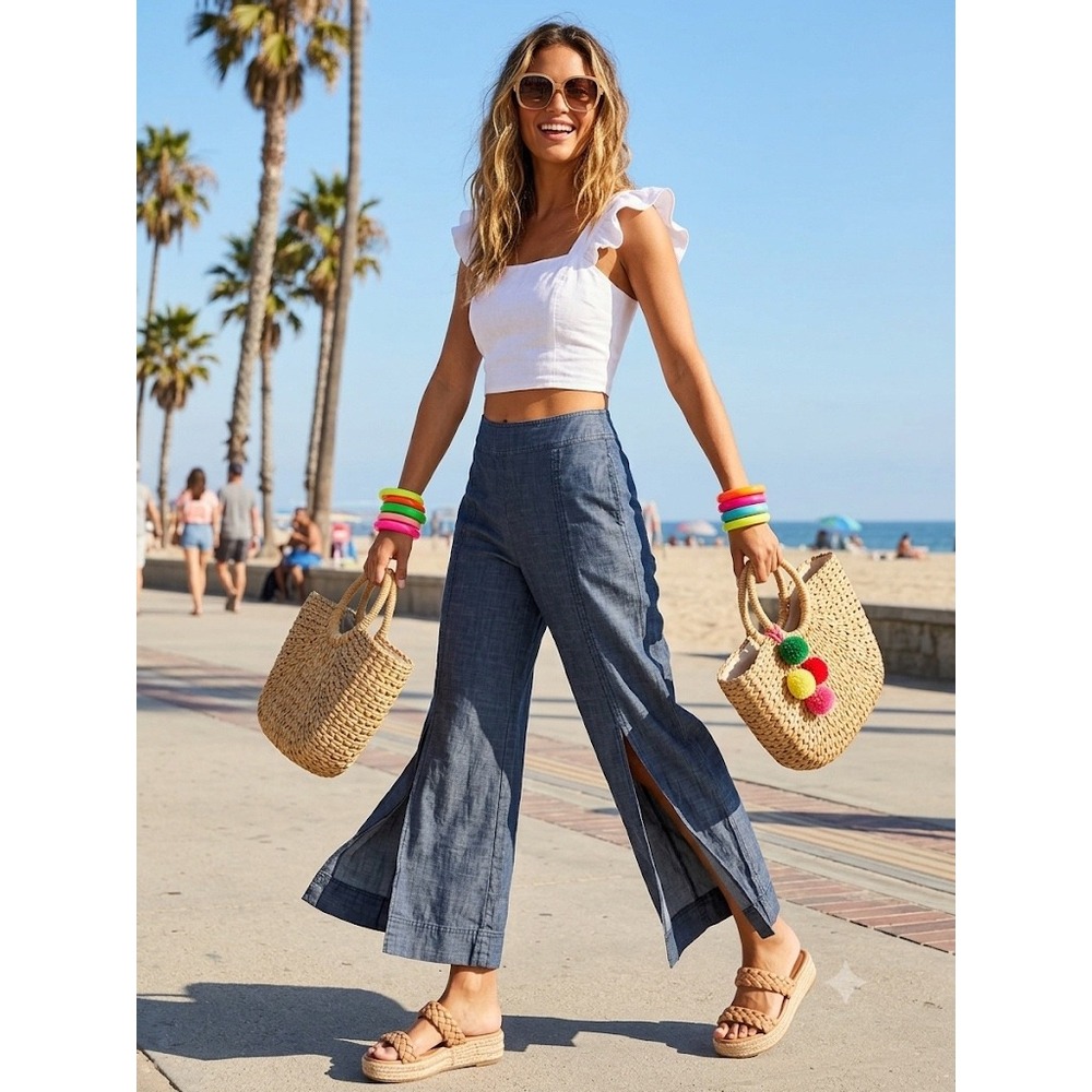 Trina Turk Blue Chambray Wide Leg Front Slit Pants | Size 10 | Lyocell Linen